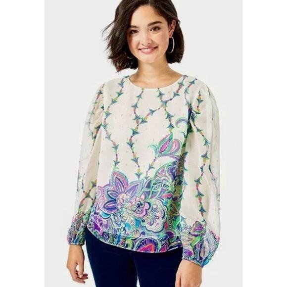 Lilly Pulitzer Miriam Silk Paisley Floral Balloon Sleeve Colorful Blouse Top M - Picture 1 of 9